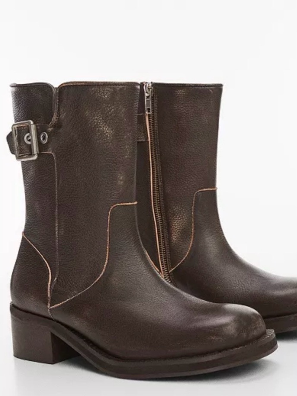 Mango Dark Brown Leather Lace-Up Mid-Calf Boots